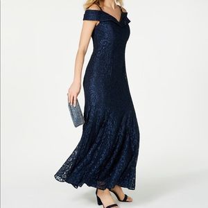 R & M Richards Off-the-Shoulder Lace Gown